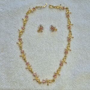 Elegant Gold and Pink Floral Necklace & Earrings